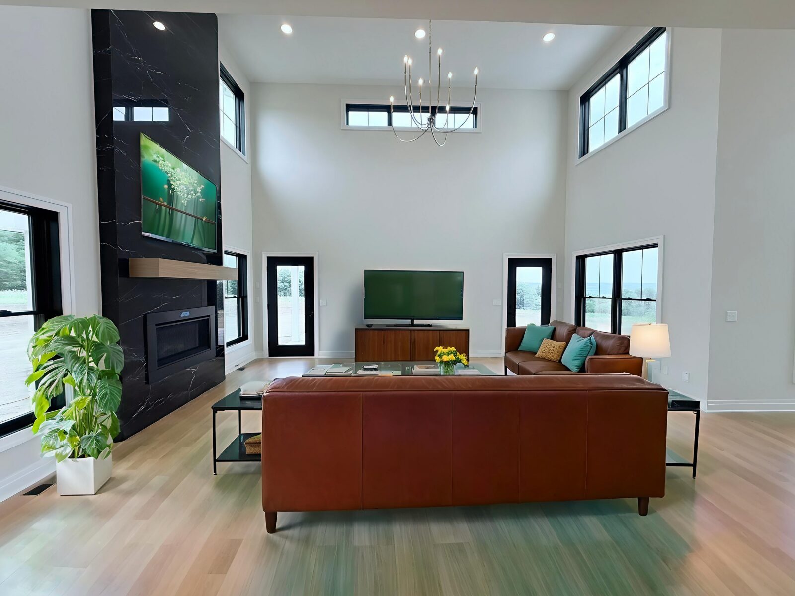 Modern-Open-Living-Area-High-Ceilings-Black-Marble-Fireplace-Leather-Seating