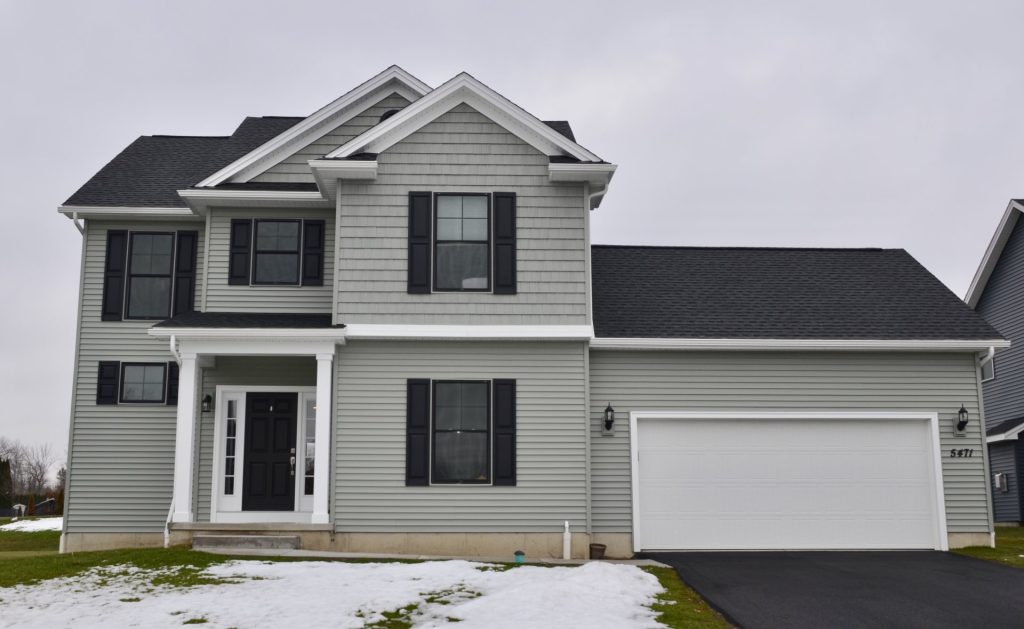 The Griffon 2-Story Home with Light Gray Siding, Black Shutters, Covered Front Porch & 2-Car Garage