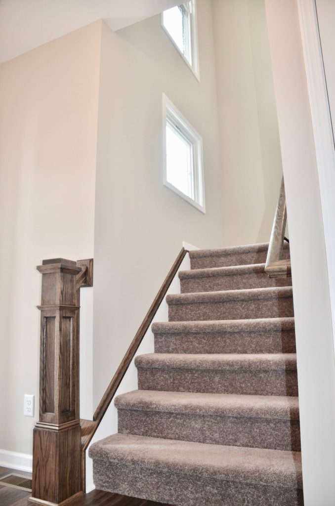 The Griffon Staircase with Carpeted Steps, Dark Wood Railings, Tall Windows & Wood-Look Flooring