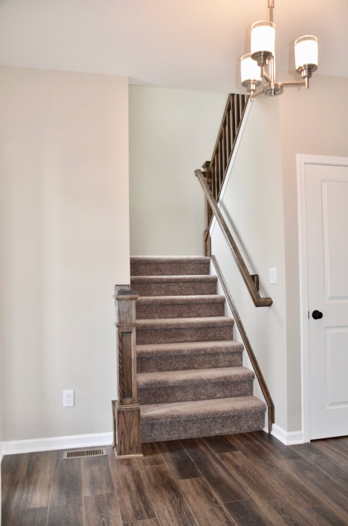 The Griffon Staircase with Carpeted Steps, Dark Wood Railings, Chandelier & Wood-Look Flooring