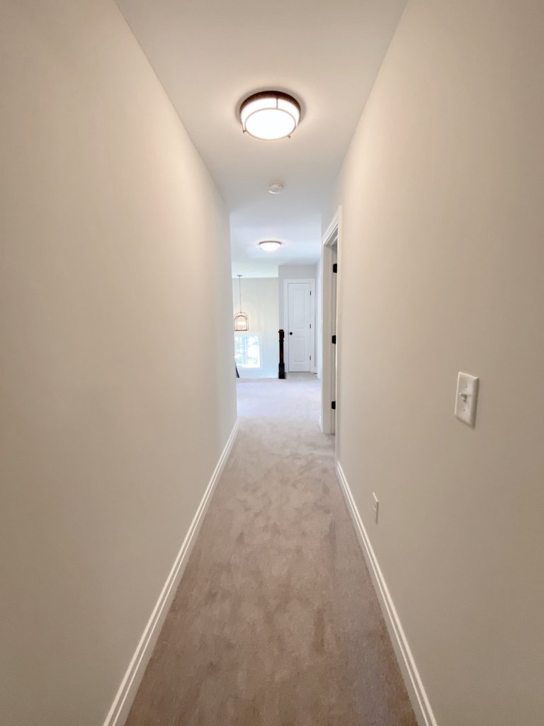 The Ruskin 2.0 Upper Hallway with Neutral Carpet, Long Sightline & Stair Landing View