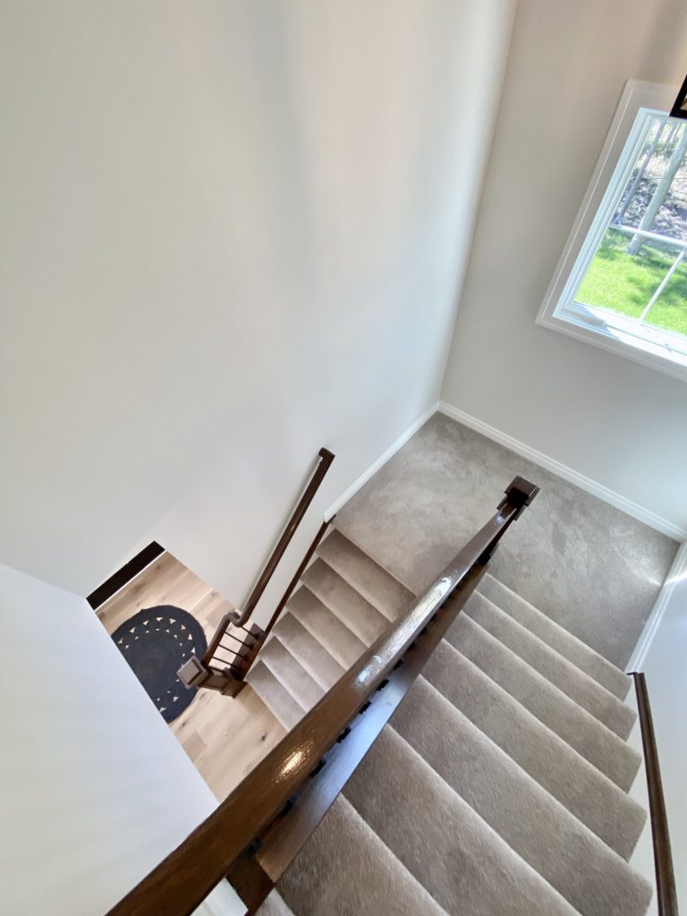 The Ruskin 2.0 Staircase View from Upper Landing with Dark Handrail, Carpeted Steps & Foyer Below