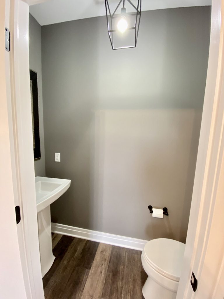 The Weston Powder Room with Pedestal Sink, Toilet, Gray Walls, Black Mirror & Dark Wood-Look Flooring