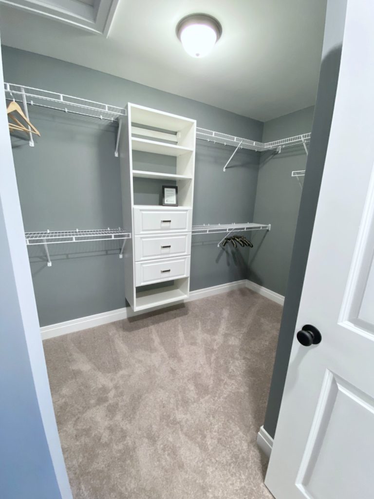 he Weston Walk-In Closet with Built-In Drawers, Open Shelving, Neutral Carpet & Gray Walls