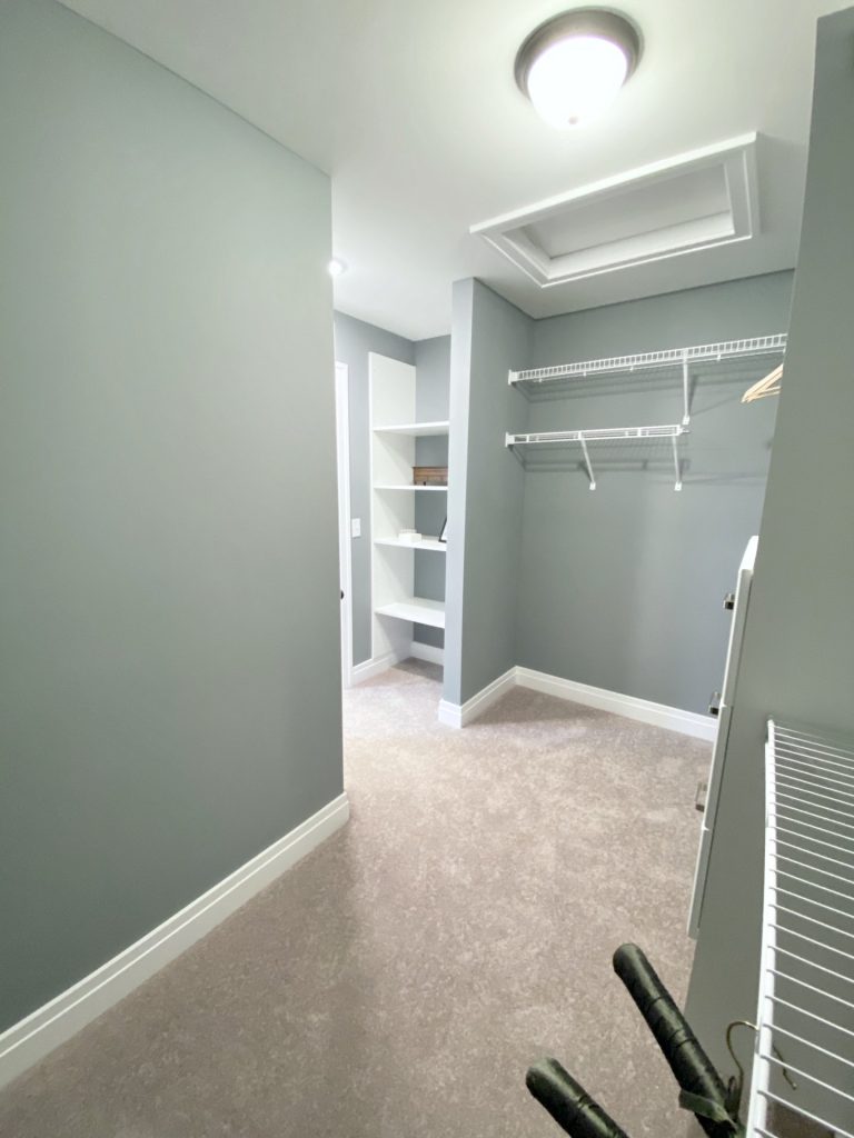 The Weston Walk-In Closet with Open Shelving, Hanging Rods, Attic Access & Neutral Carpet