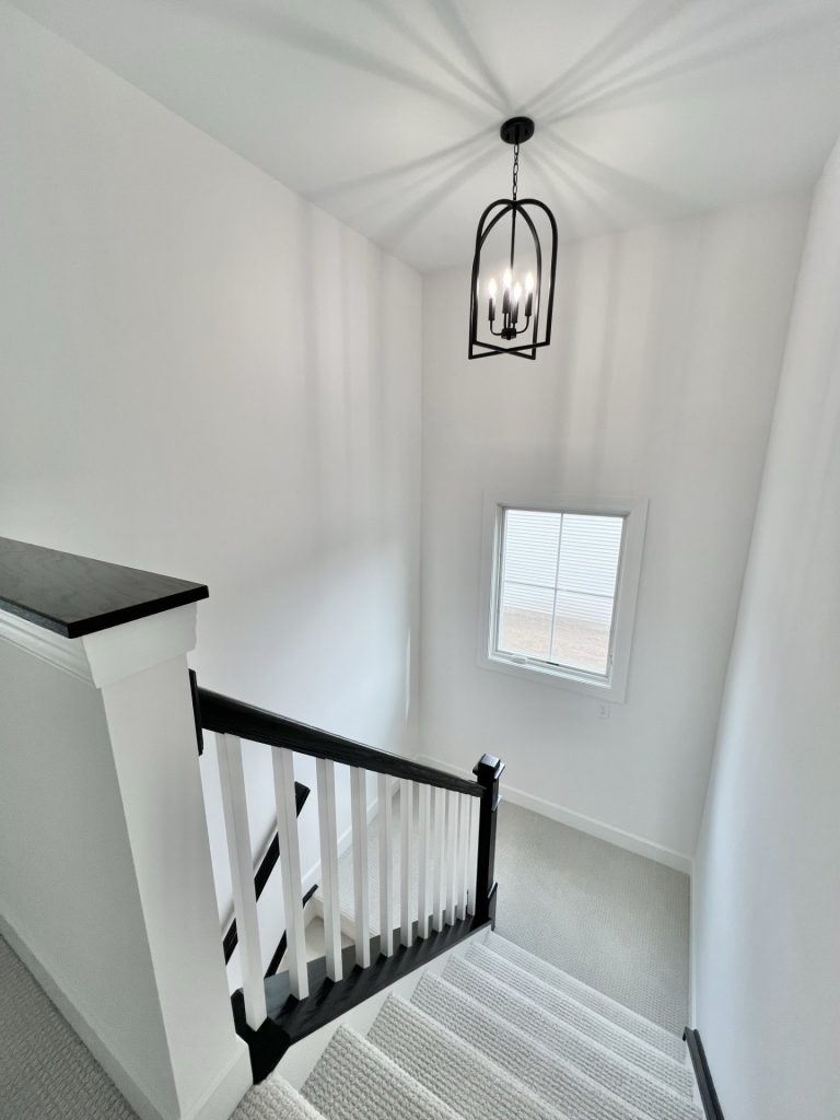 The Willow Staircase with White Balusters, Dark Handrail, Neutral Carpet & Tall Window