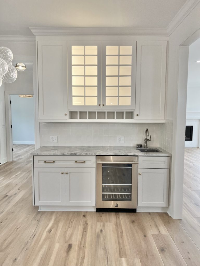 The Willow Built-In Beverage Center with Glass-Front Cabinets, Beverage Fridge, Prep Sink & Quartz Countertop