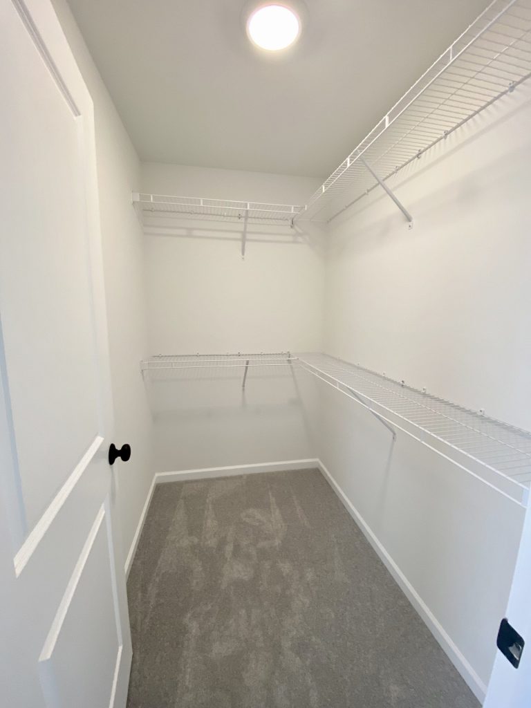 The Cooper I Walk-In Closet with Wire Shelving, Light Carpet & White Walls