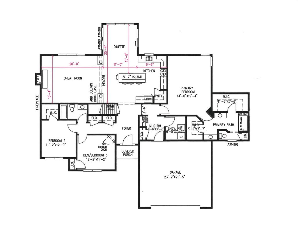 Floor plan for the Golden ranch model showing the great room, kitchen with island, primary suite, and garage