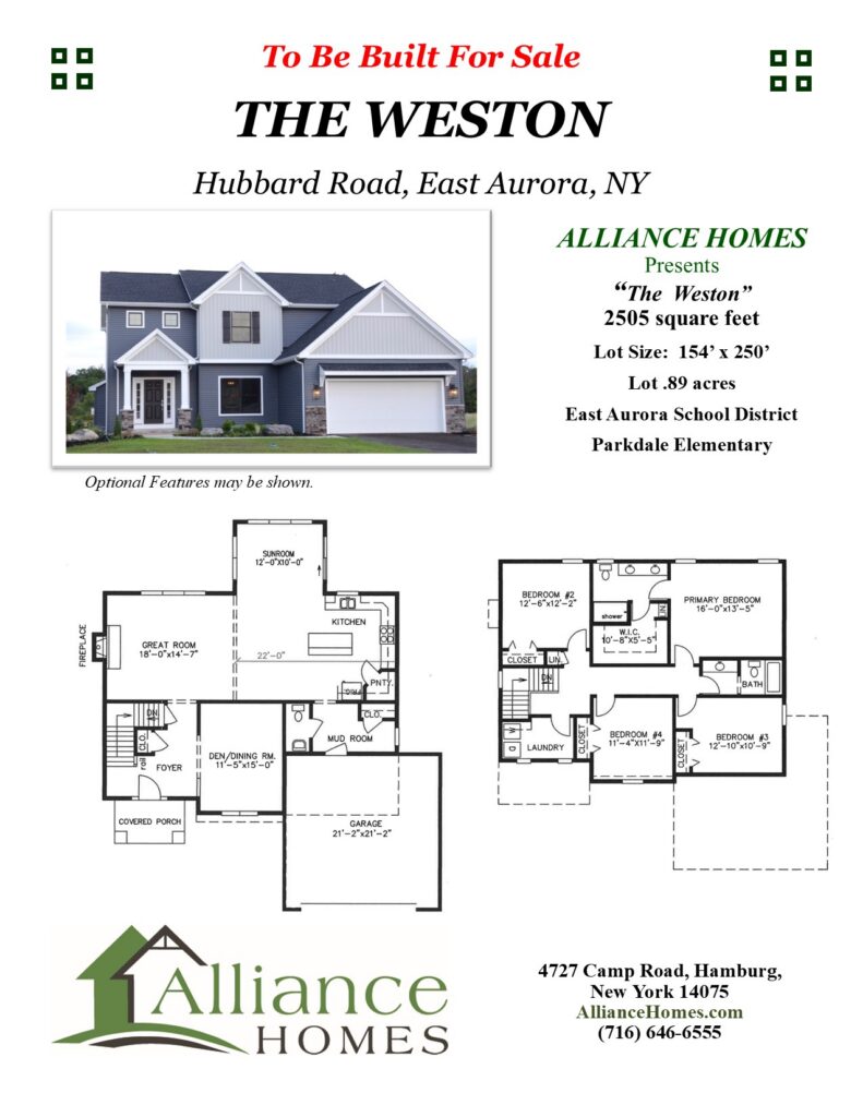 "The Weston" flyer front for Hubbard Road, East Aurora NY, showing a two-story gray home exterior with stone accents and floor plans