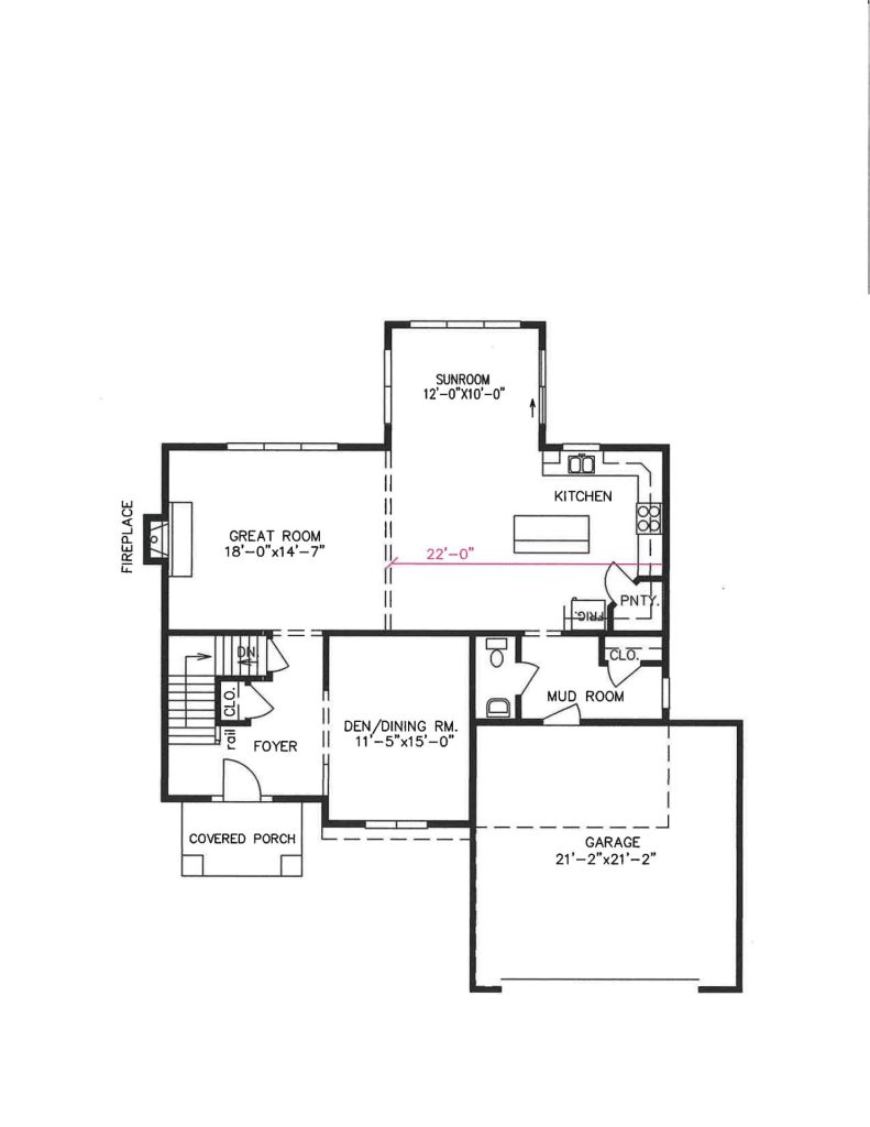 First-floor plan for the Weston model showing the great room, kitchen, sunroom, den/dining room, and garage