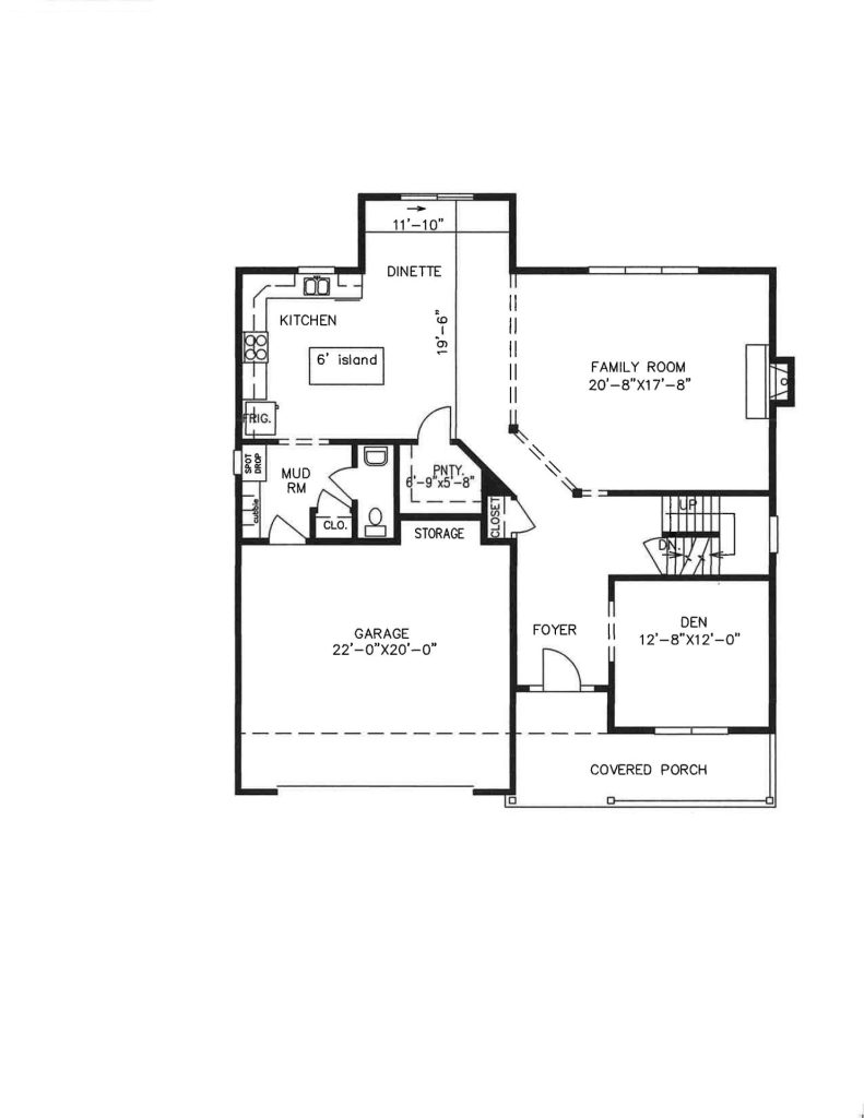First-floor plan for the Forsythe 2.0 model showing the kitchen, dinette, family room, den, mudroom, and garage