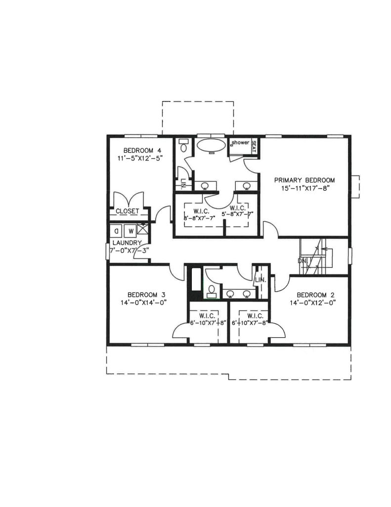 Second-floor plan for the Forsythe 2.0 model showing the primary bedroom, three additional bedrooms, and laundry