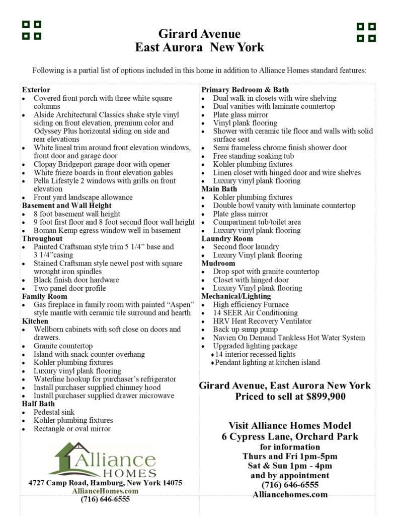 "Girard Avenue, East Aurora" spec sheet listing exterior, primary bath, and mechanical features priced at $899,900