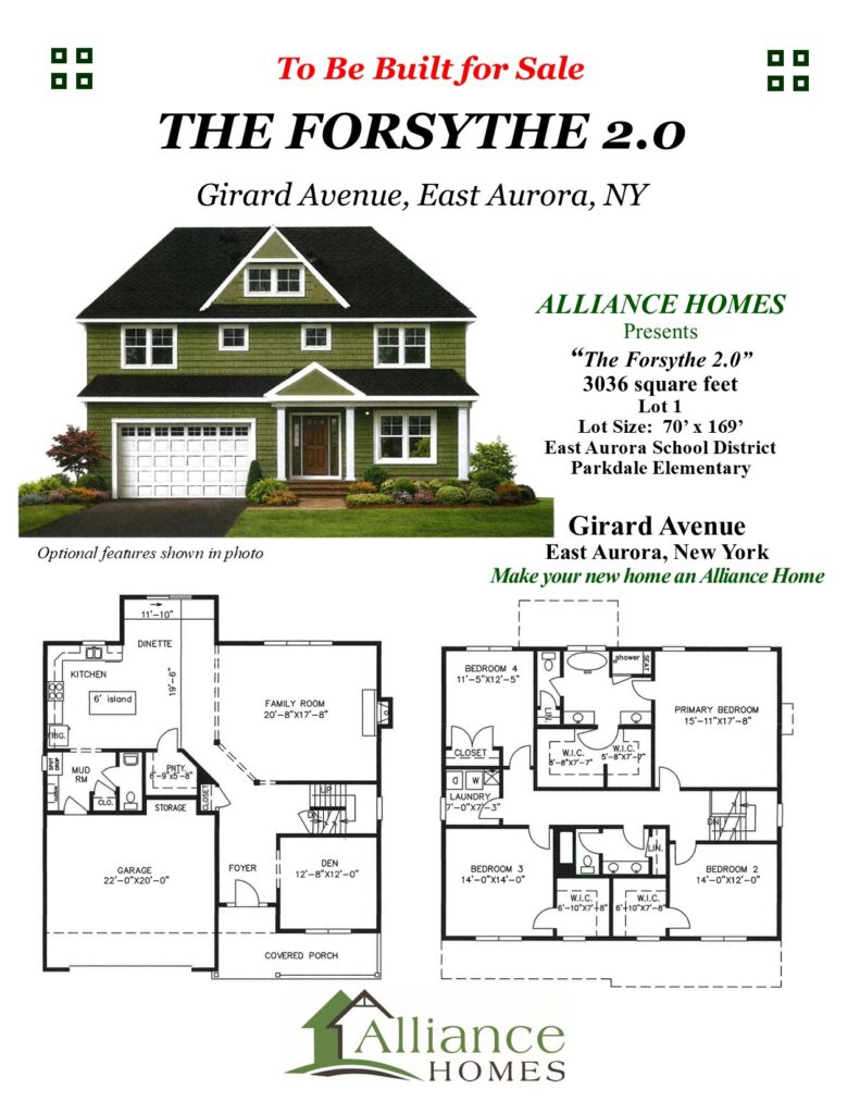 "The Forsythe 2.0" flyer front for Girard Avenue, East Aurora NY, showing a two-story green shingle-style home exterior with floor plans