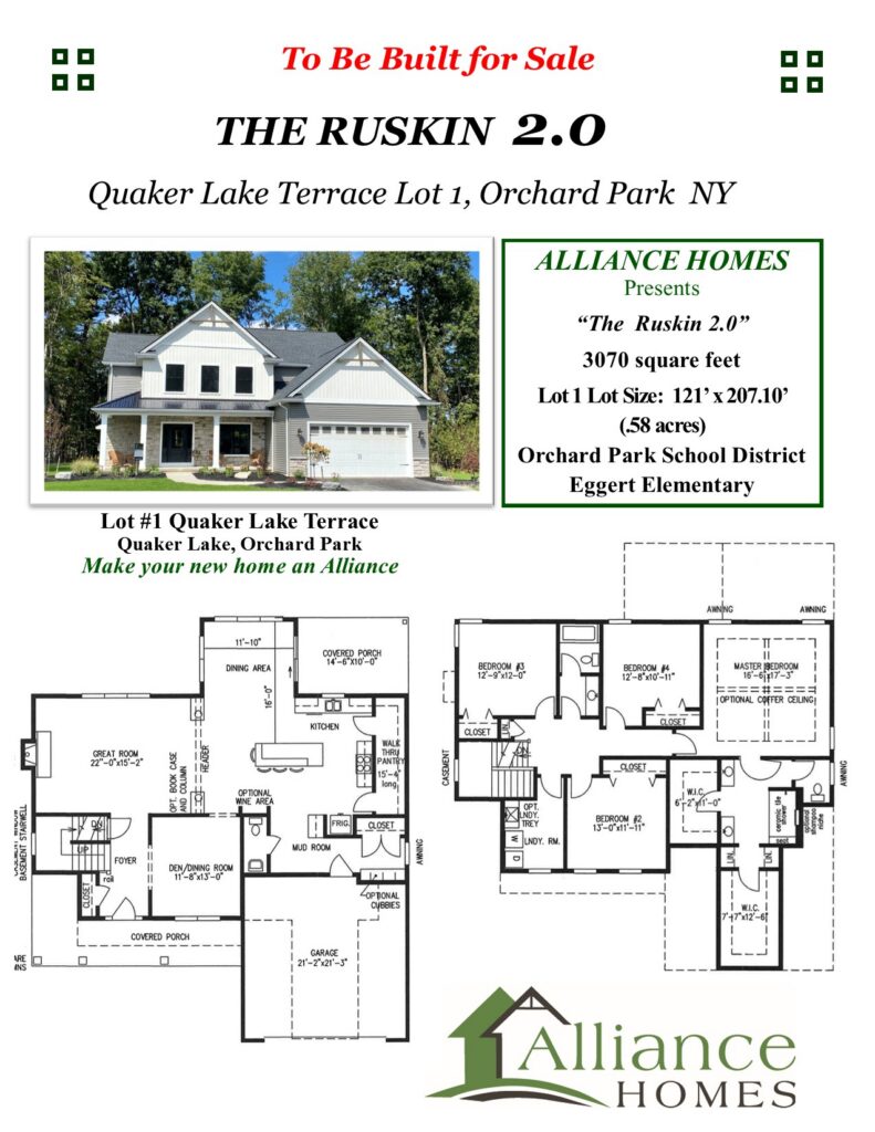 "The Ruskin 2.0" flyer front for Quaker Lake Terrace, Orchard Park NY, showing a two-story craftsman-style home exterior with stone accents and floor plans