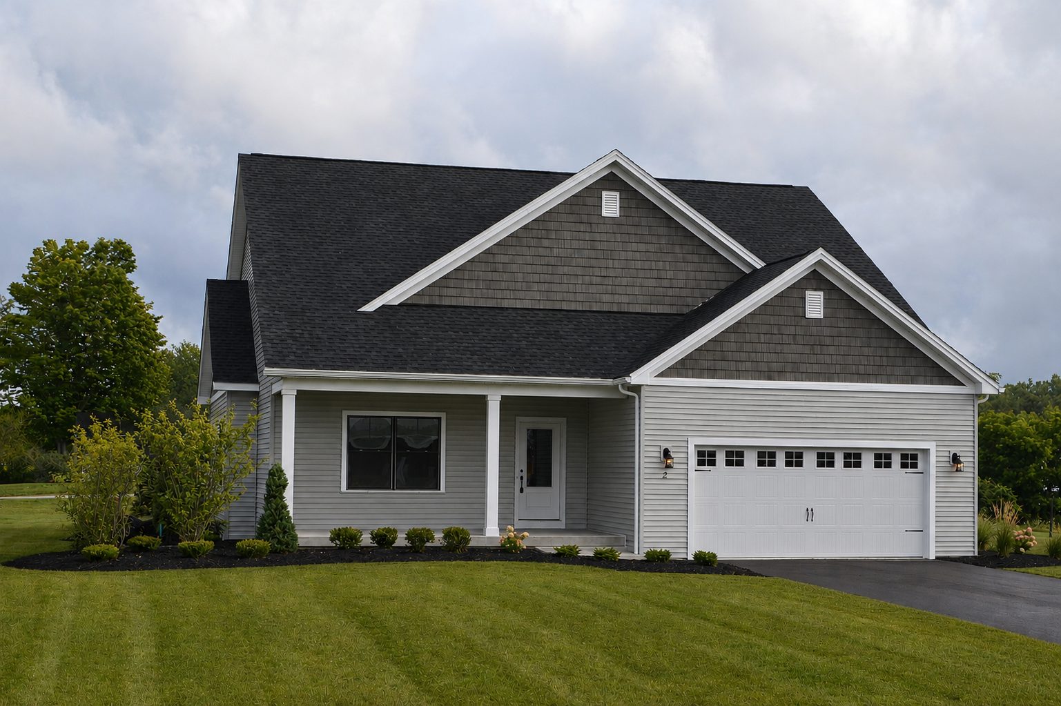 AI-generated marketing rendering of a gray two-story home exterior with a two-car garage
