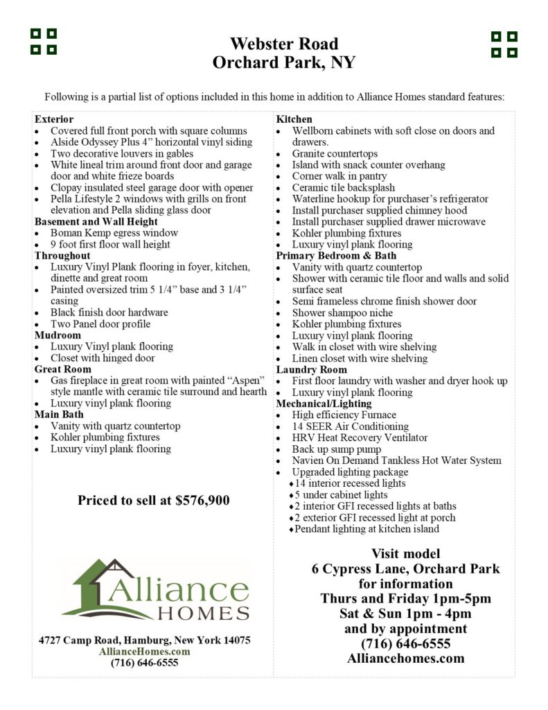 Flyer back listing features and pricing for the Kendall 2.0 model on Webster Road