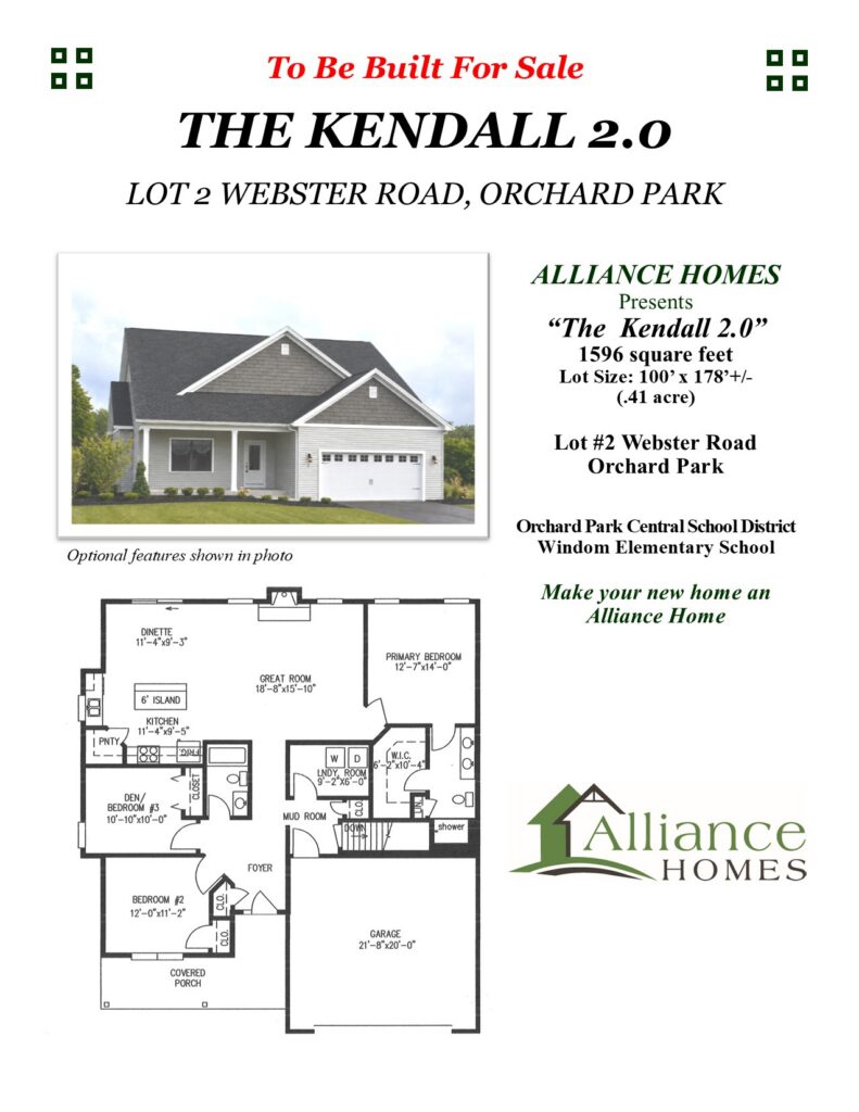 Flyer front for the Kendall 2.0 model on Webster Road showing a ranch-style home exterior with dark gray siding, covered porch, and two-car garage alongside the floor plan