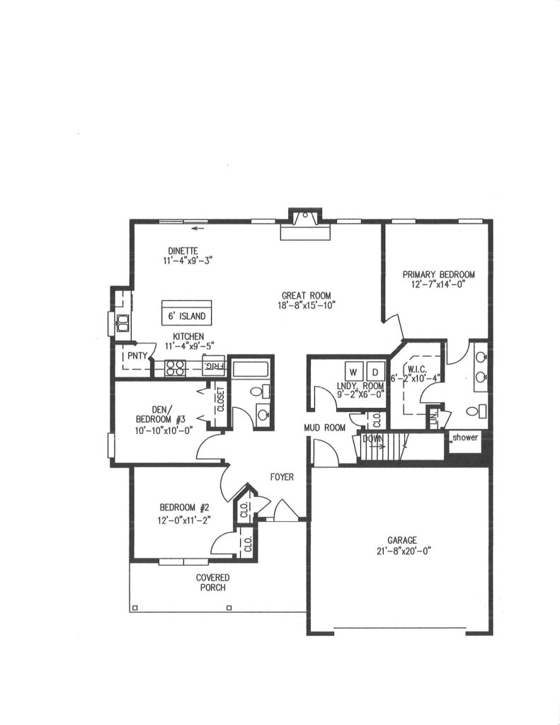 Floor plan for the Kendall 2.0 ranch model showing primary bedroom, great room, kitchen island, den/bedroom 3, and two-car garage