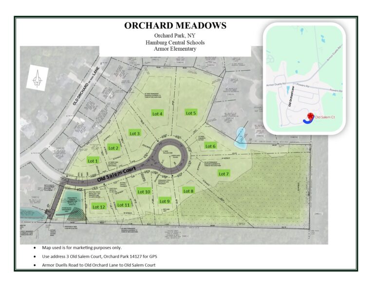 Orchard Meadows community site map showing twelve lots around a cul-de-sac with a location inset