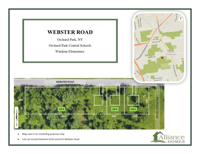 Site map for the Webster Road community showing three lots with a location inset