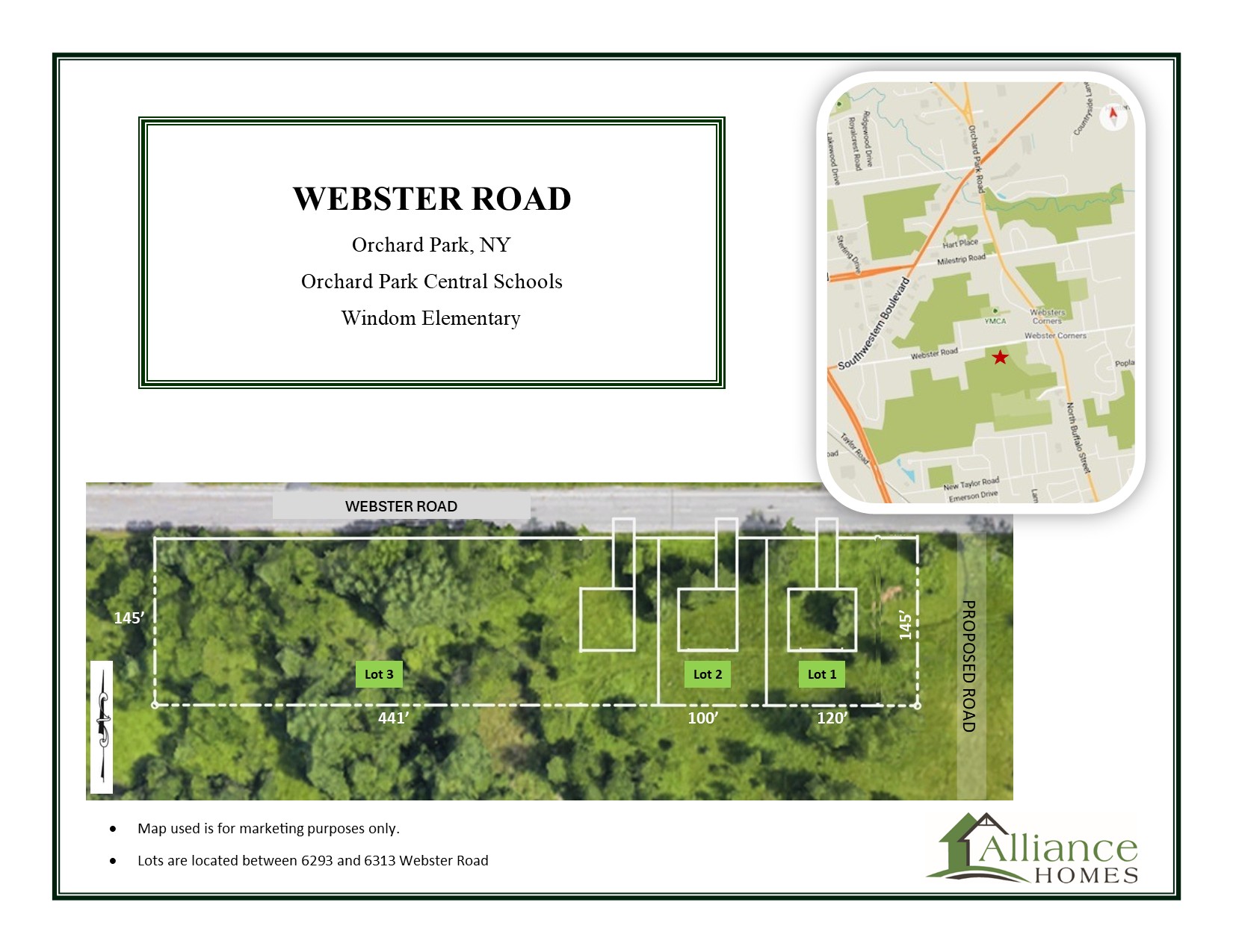 Site map for the Webster Road community showing three lots with a location inset